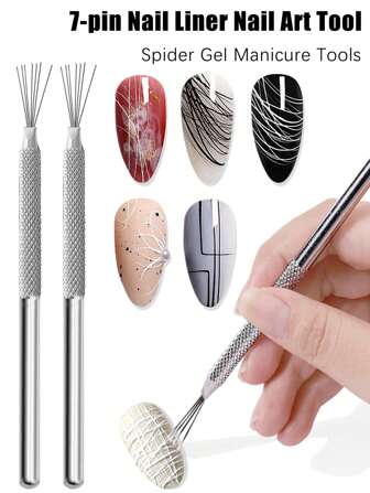Herramienta de arte de uñas con 7 pines, bolígrafo para dibujar líneas de rayas, mango de acero inoxidable plateado flexible, pincel de uñas ultra fino, herramienta de manicura de gel de araña, herramienta de pintura de líneas de arte de uñas, suministros de uñas, herramientas de uñas, herramientas de arte de uñas, de vuelta a la escuela, uñas, herramientas de uñas para uñas postizas