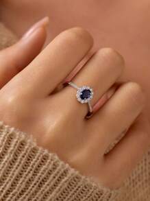 1pc Sterling S925 Silver Luxury Elegant Fashion Charming Sparking Geometric Oval Dark Blue Zirconia Finger Ring For Women Couple Party Wedding Engagement Statement Jewelry Gift Valentines