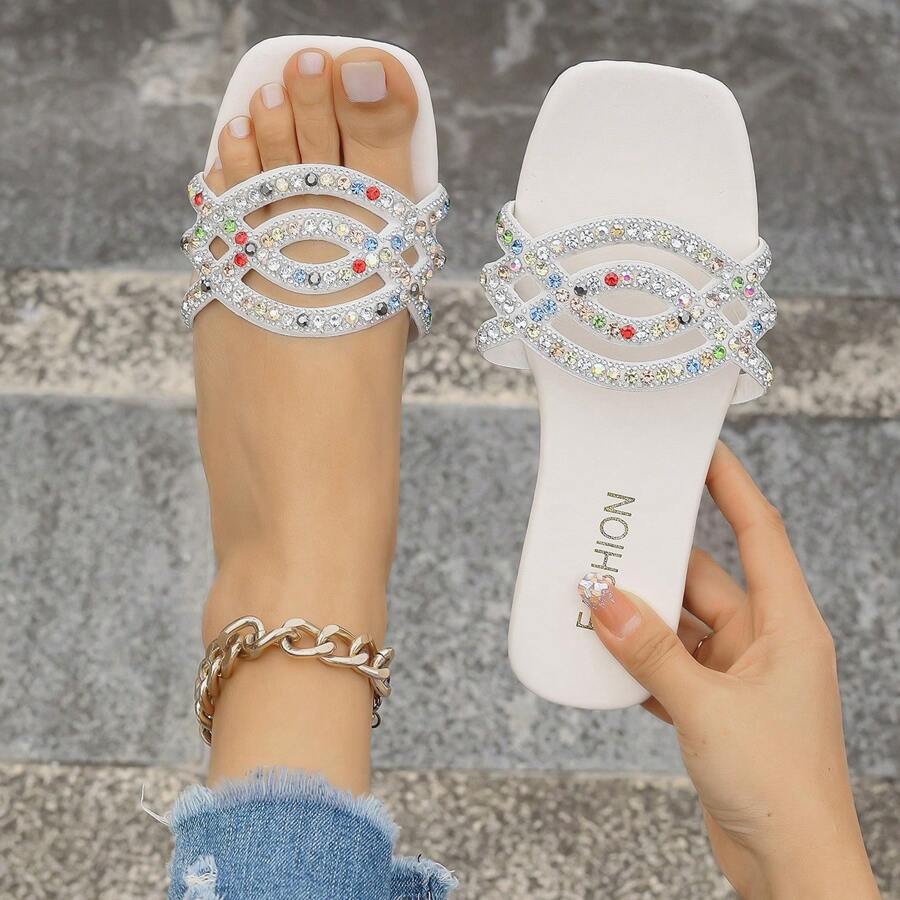 女士平底凉鞋，新款黑色休闲一脚蹬拖鞋，简约时尚，适合室内/室外、海滩 - 米色 - 查看 1