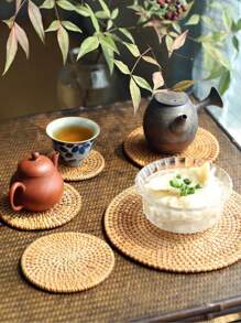 1 件手工编织藤条杯垫、隔热垫 - 桌上编织藤条三脚架垫、耐热藤条杯垫 - 圆形编织垫，用于盛放热盘、杯子、锅碗瓢盆、餐垫、隔热垫、异国手工工匠茶壶杯垫 - 彩色 - 查看 2