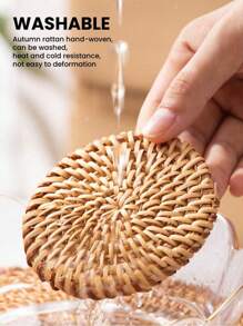1 件手工编织藤条杯垫、隔热垫 - 桌上编织藤条三脚架垫、耐热藤条杯垫 - 圆形编织垫，用于盛放热盘、杯子、锅碗瓢盆、餐垫、隔热垫、异国手工工匠茶壶杯垫 - 彩色 - 查看 10