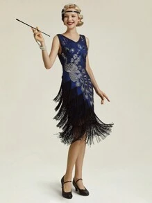 BABEYOND 1920s Vintage Peacock Sequined Dress Gatsby Fringed Flapper Dress Roaring 20s Party Dress - 藍色 - 查看 3