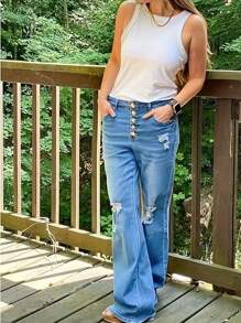 Jeans femininos elegantes vintage, modelo reto com furos e design de vários botões - sem zíper, de temporada, Denim desgastado, moda casual, adequado para várias ocasiões, presentes de Natal, Ano Novo e outras festas - Azul médio