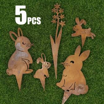 5 Stück rostige Metall-Deko mit Hase, Blume und Silhouette - geeignet für Ostern und Weihnachten als Innen- und Außendekoration, ideal für Außendekoration, Hof, Rasen, Natur- und Outdoor-Themen, großartig für Gartenliebhaber