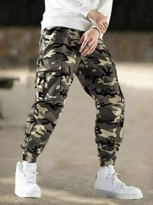男士迷彩多口袋工装裤，抽绳腰带，松紧裤腿，适合休闲外出、徒步旅行和日常穿着，春夏款 - 卡其色 - 查看 2