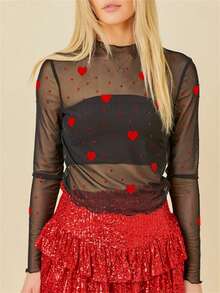 Women's Spring Slim Mesh Tops Long Sleeve Round Neck Heart/Lip/Bow Print  Blouse - Black - View 4