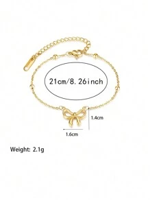 1pc Women Gold-Tone Stainless Steel Beaded Bow Link Chain Bracelet Fashionable Daily Versatile Jewelry Accessory Gift - Gold - View 5