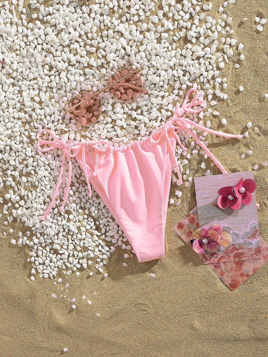 PEPPERMOLLY Nuovo pezzo sotto di costume da bagno elegante con vita alta e laccetto, colore tinta unita, moda spiaggia estiva per donna - Rosa - Visualizzare 1