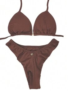 Plus Size Double-String Ribbed Bikini With Removable Padding. - ラストブラウン - チェックする 2