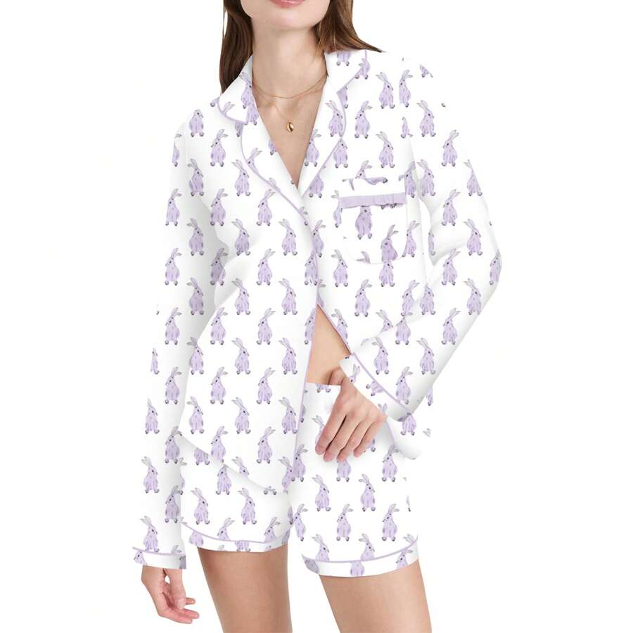 Women's Summer Lounge Set Long Sleeve Lapel Button Up Bunny Print Shirt Shorts Sleepwear Sets - 紫色 - 查看 1