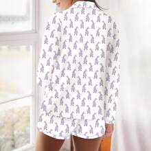 Women's Summer Lounge Set Long Sleeve Lapel Button Up Bunny Print Shirt Shorts Sleepwear Sets - 紫色 - 查看 2