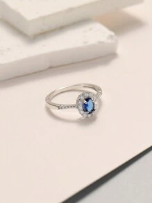 1pc Sterling S925 Silver Luxury Elegant Fashion Charming Sparking Geometric Oval Dark Blue Zirconia Finger Ring For Women Couple Party Wedding Engagement Statement Jewelry Gift Valentines