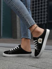 女士纯色帆布拖鞋，厚底圆头百搭系带透气一脚蹬鞋，女士鞋类 - 黑色 - 查看 4