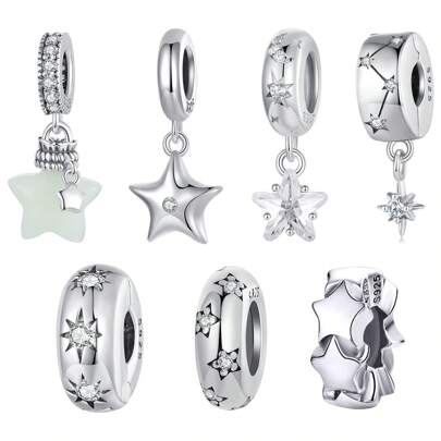 WOSTU 1pc 925 Sterling Silver Inlaid With Dazzling Zirconia Shiny Star Charms Bead Pendant Fit Women Daily Wear Jewelry Women Gifts