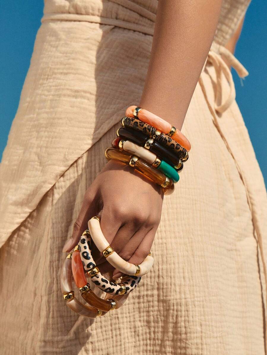 ORNAPEADIA 1条波西米亚风豹纹纯色树脂弹力手链，适合女性日常佩戴和聚会，可作礼物