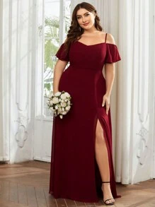 Plus Size Elegant Romantic Glamorous Off-Shoulder Burgundy Bridesmaid Dress Fall Wedding Guest Dresses - Burgundy - View 4