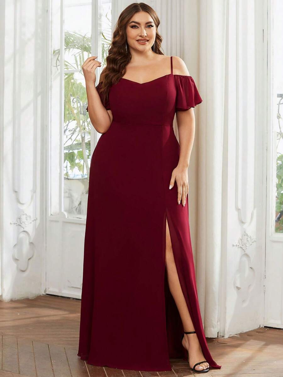 Plus Size Elegant Romantic Glamorous Off-Shoulder Burgundy Bridesmaid Dress Fall Wedding Guest Dresses