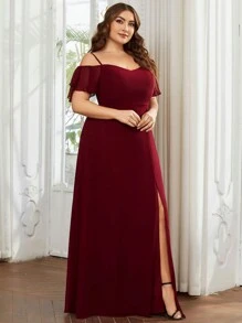 Plus Size Elegant Romantic Glamorous Off-Shoulder Burgundy Bridesmaid Dress Fall Wedding Guest Dresses - Burgundy - View 5
