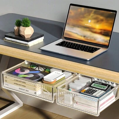 1 ngăn kéo để dưới bàn, ngăn kéo trượt tự dính tiện dụng, ngăn kéo lớn 9,5 inch và ngăn kéo nhỏ 7 inch, chất liệu nhựa PET bền, phù hợp cho văn phòng, nhà ở, bàn làm việc, giải pháp lưu trữ dễ dàng lắp đặt bằng keo dán.