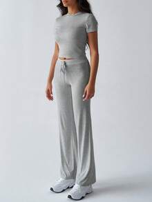 GAOVOT Women's Two Pieces Autumn Y2K Sportswear Casual Daily Solid Color Short-Sleeved Round-Neck T-Shirt Slim Straight-Leg Long Pants Set