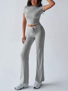 GAOVOT Women's Two Pieces Autumn Y2K Sportswear Casual Daily Solid Color Short-Sleeved Round-Neck T-Shirt Slim Straight-Leg Long Pants Set