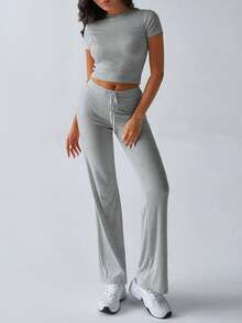 GAOVOT Women's Two Pieces Autumn Y2K Sportswear Casual Daily Solid Color Short-Sleeved Round-Neck T-Shirt Slim Straight-Leg Long Pants Set