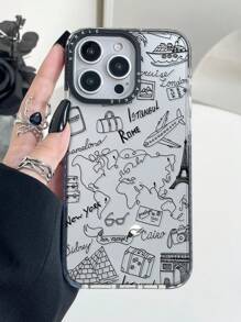 Travel Phone Case 1pc Fashionable Transparent Line Aircraft & Ship Print Shock-Proof Protective Phone Case, Compatible With IPhone 11 12 13 14 11Promax 12Promax 13Promax 14Promax XR 15 15PRO 15PROMAX 16 16PRO 16PROMAX