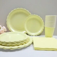 10 件/20 件/40 件，马卡龙黄色粉彩盘子和餐巾派对用品一次性餐具套装彩虹扇形盘子和餐巾适用于生日派对婚礼派对 - 彩色 - 查看 4