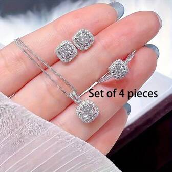 4 件套优雅、奢华、闪亮的精致项链耳环戒指套装珠宝创意、美观、时尚的百搭纪念礼物。