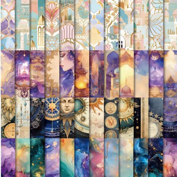 24 Sheets 6"X6" Magic Tarot,Pattern Paper,Pastel Arabic Palace, Golden Arabic, Magic Galaxy, Fairy,Galaxy Ink,DIY Nebulae Scrapbook Card Making For Adults Teens, DIY Craft Background Paper,Junk Journal,Album