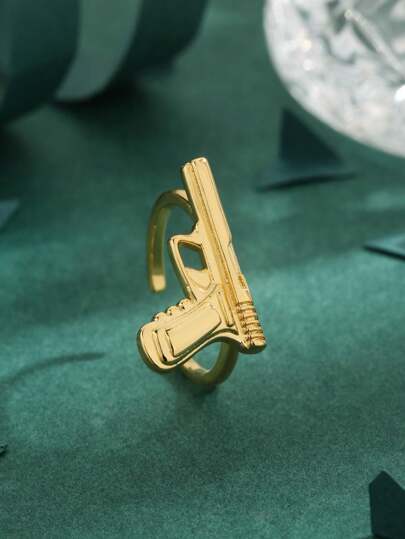 1 pieza Anillo de estilo hip hop con forma de arma, de cobre chapado en oro de 18k con circonita cúbica para mujer, un regalo generoso