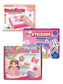 儿童 DIY 工艺品套装，包括：串珠笔、贴纸、投影画板、水钻玩具、卡通公主和动物图案、公主绘画套装、圣诞节和新年礼物 - 彩色 - 查看 4
