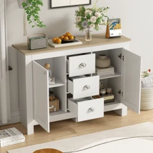 Warm White Wooden Sideboard With 2 Doors And 3 Drawers – Silver Handles, Adjustable Shelf, And Soft-Close Hinges For Quiet Closing, Ample Storage Space For The Living Room, Stable And Durable, 116 Cm Long X 35 Cm Wide X 81 Cm High