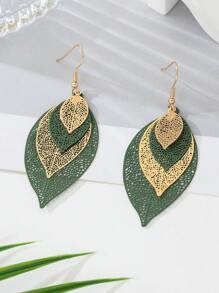 1 Pair Bohemian Style Exaggerated Hollow Multilayer Leaf Shaped Earrings, In Gold, Green And Black, Suitable For Women Daily Wear, Gift For Mom, Sister, Girlfriend