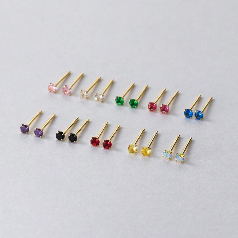 1 Pair Minimalist 925 Sterling Silver Colorful Single Zirconia Stud Earrings, Versatile Fashion Accessory, Suitable As Gift For Friends, Party