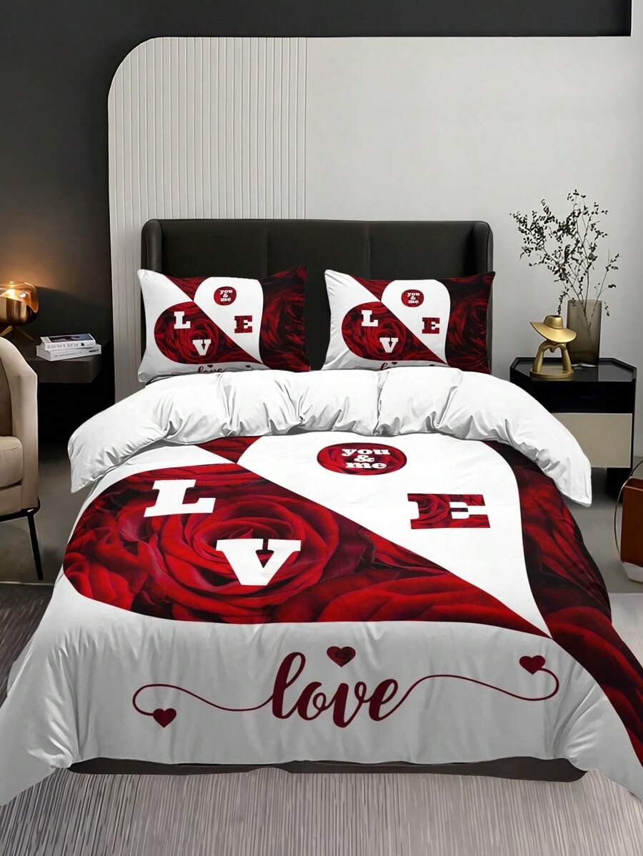 3pcs Set Floral Love Pattern Duvet Cover With Pillowcase(1 Duvet Cover + 2 Pillowcases, Without Pillow Insert), Vivid Printing For Home & Dorm - Multicolor - View 1