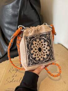 Embroidered Vintage Style Bucket Handbag For Women, New Design, Niche Brand, Versatile Commute Shoulder Bag, Paisley Flower & Ball Chain Detail, Crossbody, Exquisite Floral Bag For Women - Multicolor - View 12