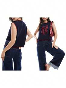 Womens Stylish Ribbed Knit Sweater Vests Cherry Lobster Contrast Hues Sleeveless Crew Neck Slim-Fitting Tank Tops