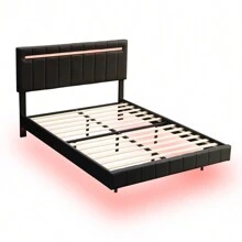 Queen Size Floating Bed Frame With LED Lights And USB Charging,Modern Upholstered Platform LED Bed Frame, White - Đen + PU-2 - Xem 6