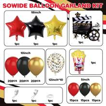 123pcs Movie Night Balloon Garland Arch Set, Red Black Gold Balloons With Camera Clipboard Star Popcorn Aluminum Film Balloons, Happy Birthday Party Background Banner Has A Variety Of Sizes For You To Choose Separately, Perfect For Birthday Parties, Anniversaries, Movie Theme Party Decorations Supplies (Ps: Balloons And Background Cloth Are Sold Separately!)