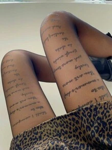 新款字母印花黑色薄款连裤袜，时尚夜店风紧身裤，E-Girl风格，舒适保暖