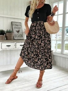 Item Q8048: Ditsy Floral Pleated A-Line Dress - Black - View 1