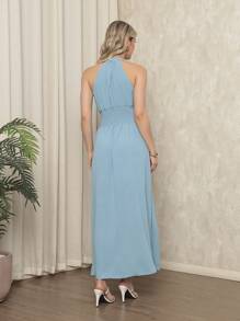 Long Sleeveless Party Dress With Luxury Padding - Baby Blue - View 3