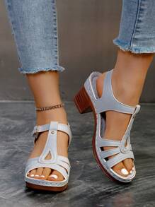 Elegant Women's Platform Sandals - Open Toe, Faux Leather, Buckle Closure, Comfortable Thick Heel, Suitable For All Seasons, New Ladies Chunky Heel Open Toe Sandals - Silver - View 3
