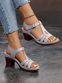 Elegant Women's Platform Sandals - Open Toe, Faux Leather, Buckle Closure, Comfortable Thick Heel, Suitable For All Seasons, New Ladies Chunky Heel Open Toe Sandals - Silver - View 2