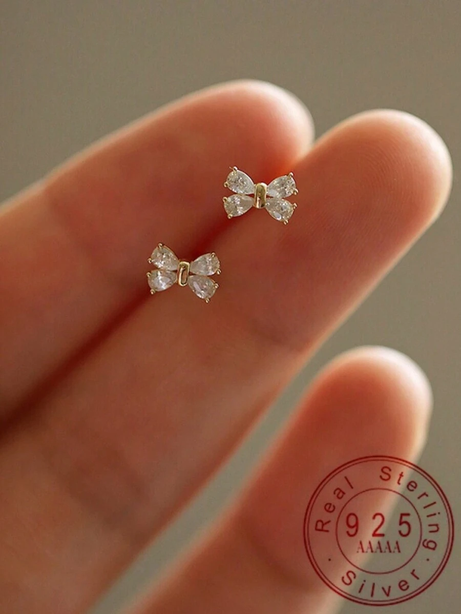 1 Pair S925 Sterling Silver 14k Gold Plated Delicate Cubic Zirconia Bow Stud Earrings For Girl - one-size - View 1