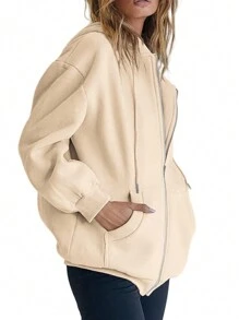 Women's Hoodie Fall Jacket Oversized Sweatshirt Casual Zipper Hoodie With Pockets - 卡其色 - 查看 7