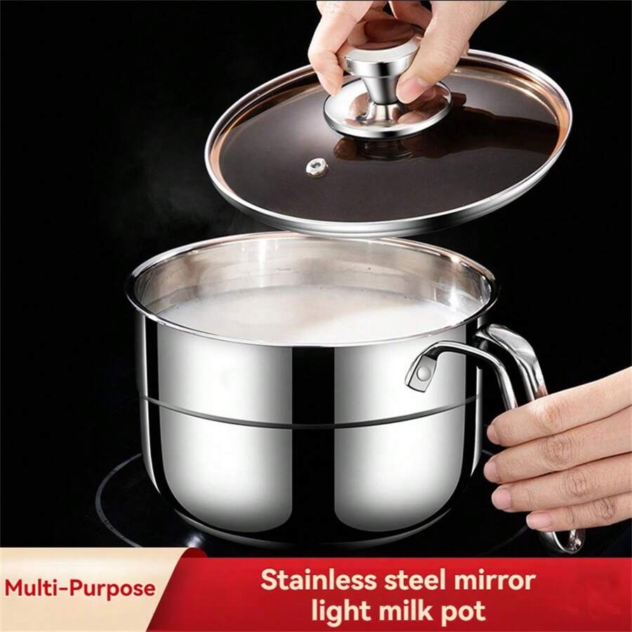 1pc不锈钢奶锅婴儿辅食锅煮面泡面方便面热牛奶家用专用浓汤锅蒸锅小锅 - 銀色 - 查看 1