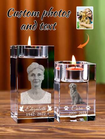 1pc Customized Commemorative Photo Crystal Candle Holder, Personalized 3d Laser Engraved Text Candle Holder, Customized Pet Portrait Commemorative Crystal, Transparent Glass Candle Holder With Personalized Text Engraving,Multi-Functional, Ornamental,Reusable,Exquisite,Stylish,High-Quality,Colorful,Modern,Custom,Personalized,Unique,Ideal Gifts For Him,Ideal Gifts For Her,Boyfriend,Dad,Girlfriend,Mom,Family,Friends,Tea Room,Home,Garden,Office,For Anniversaries,For Valentine's Day,For Mother's Day,For Birthdays,For Father's Day,For Graduation,For Weddings,For Housewarming,Slow Summer Living