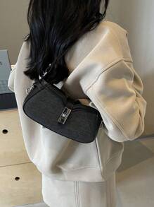 Bolsa de ombro bicolor da moda, bolsa de transporte para o trabalho e compras, bolsa elegante em formato de crescente, bolsa tiracolo feminina - Preto - Ver 2